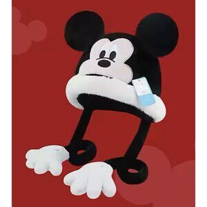 Disney MICKEY MOUSE Cozy PLUSH HAT Embroidered Winter CAP Scarf EAR WARMER NEW